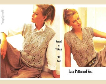 Lace Patterned Vest Knitting Pattern Round or V-Neck DK / 8 ply Lady's Vintage PDF Digital Download