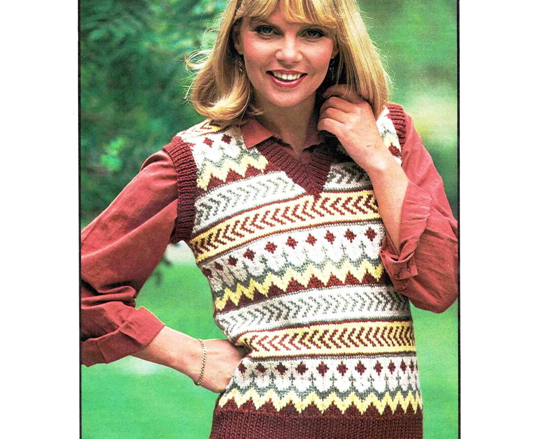 Vintage Fair Isle Vest Knitting Pattern Unisex Chest 81102cm