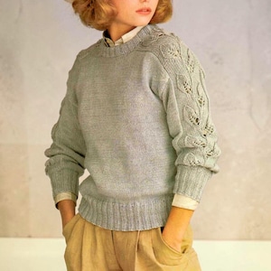 May include: A light grey long-sleeved knit jumper featuring a crew neckline and intricate leaf-patterned lace detailing along the shoulders and sleeves. The jumper has ribbed cuffs and a ribbed hem, worn over a collared shirt with tan trousers.