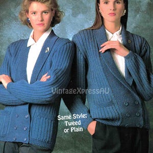 May include: Two women wearing blue knit cardigans with white collared shirts underneath. The cardigans have a ribbed texture, button closures, and pockets. The text "Same Style: Tweed or Plain" is visible.