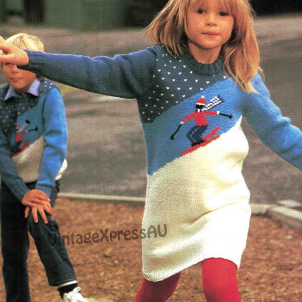 Ski Sweater Dress Child's knitting pattern DK 8 ply Children 2-8 years Skiing Jumper & Pulli Embroidery PDF Digital download