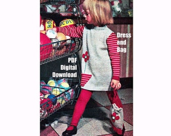 Meisje bloempot jurk & tas breipatroon 10 laags kamgaren brei en naai PDF digitaal bestand