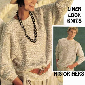 May include: A beige knitted sweater with a linen look. The sweater has a round neckline and long sleeves. The text "LINEN LOOK KNITS" and "HIS OR HERS" is printed on the image.
