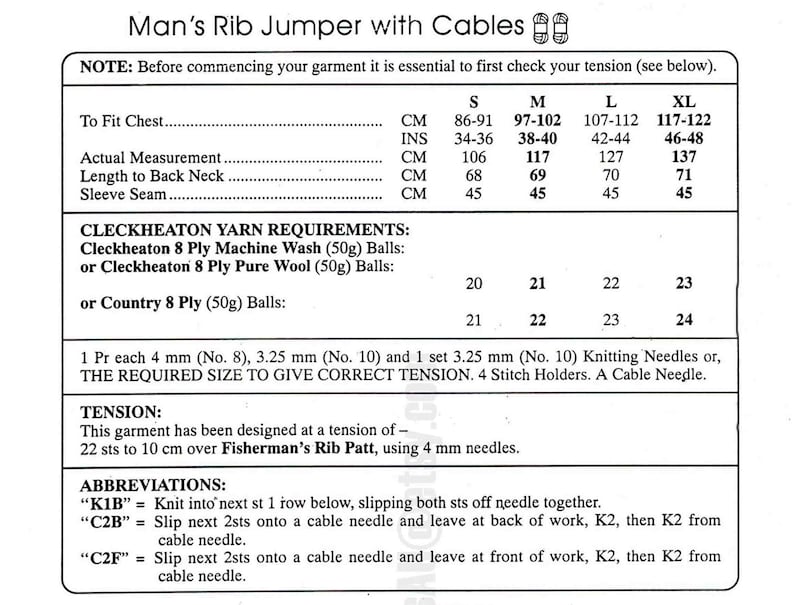 Fishermans Rib Cables Sweater Knitting Pattern in ENGLISH Men 86-122cm ...