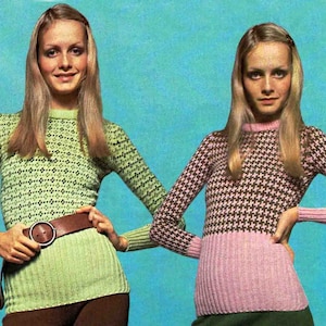 May include: Two women wearing vintage knit sweaters. One sweater is light green with a geometric pattern, the other is brown and white houndstooth with a pink lower section. The background is a teal color. The text "Chart 2" and "Chart 4" are visible.