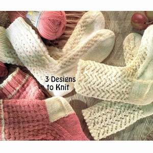 May include: Three pairs of knitted socks in various designs, including cable knit and patterned styles. The socks are in cream and pink hues, with a ball of pink yarn visible. The text "3 Designs to Knit" is also present.