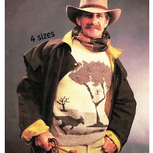 May include: A person wearing a cowboy hat, scarf, and a brown jacket over a cream-colored sweater. The sweater features a landscape design with a tree and animal silhouette. The text "4 sizes" is visible in the upper left corner.