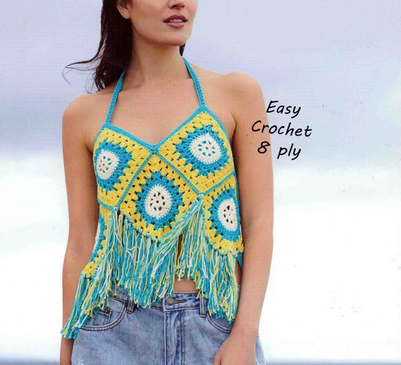 Festival Beach Halter Top Crochet Pattern Fringe DK 8 Ply