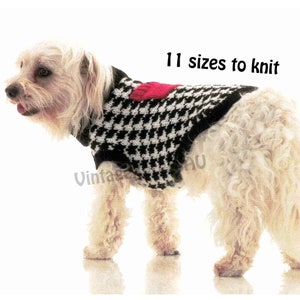 May include: A white dog wearing a black and white houndstooth sweater with a red patch on the back. The sweater is knitted and has 11 sizes to knit. The dog is standing on a white background.