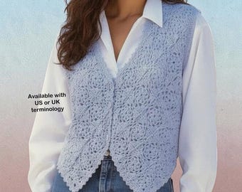 Waistcoat Vest Motifs crochet pattern Lady's 3 sizes S-M-L Women DK 8 ply PDF download in ENGLISH