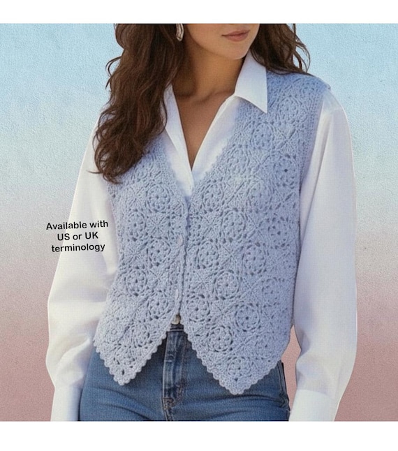 Waistcoat Vest Motifs crochet pattern Lady's 3 sizes S-M-L Women DK 8 ply PDF download in ENGLISH