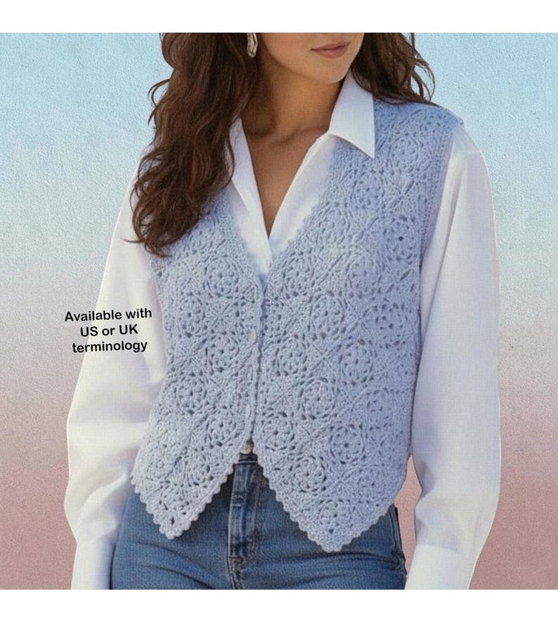 May include: A light blue crochet vest featuring a repeating square motif pattern with a V-neckline and a front button closure. The vest is worn over a white long-sleeve collared shirt and blue jeans. Text on the image reads: Available with US or UK terminology.
