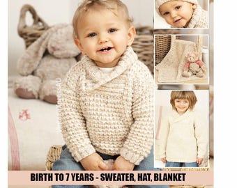 Child's Sweater Hat & Blanket Knitting Pattern, Newborn baby to 7 years, Shawl collar 6 sizes, DK 8 ply (PDF download in ENGLISH)