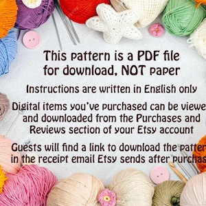 May include: A collection of colorful yarn balls in shades of orange, blue, pink, yellow, and white arranged in a circle. The center contains text stating: This pattern is a PDF file for download, NOT paper. Instructions are written in English only.