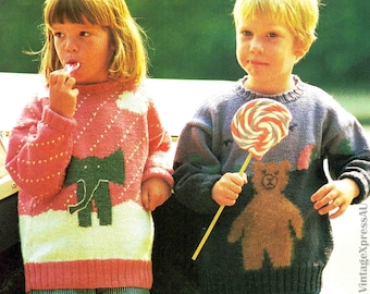 Animal Motifs Childrens Sweaters Knitting Pattern Elephant & Bear Fair Isle Knit 8 ply PDF Digital Download Vintage