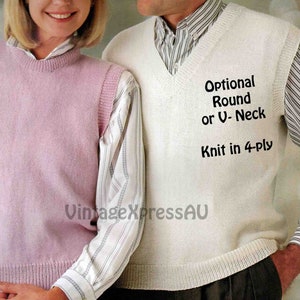 May include: Two knitted sleeveless sweaters, one pink and one white. The white sweater has the text "Optional Round or V-Neck Knit in 4-ply" on the front.