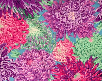 Kaffe Fassett fabric Japanese Chrysanthemum by Philip Jacobs - chrysanthemums pink, violet, green on turquoise