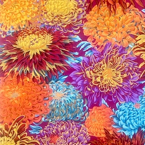 May include: A vibrant fabric pattern featuring a dense arrangement of chrysanthemum flowers in shades of deep red, bright orange, golden yellow, purple, and light blue, all set against a solid magenta background with intricate petal details.