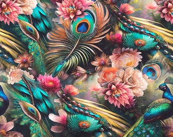 Stenzo cotton fabric peacock eye, peacock and lotus flower in turquoise, pink and gold