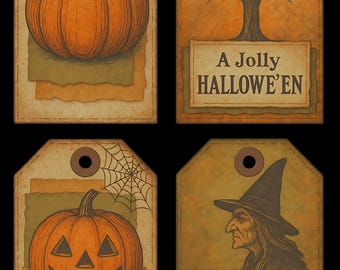 Vintage Halloween Tag printable, Pumpkin, Witch, Tree Junk Journal Ephemera Instant Download
