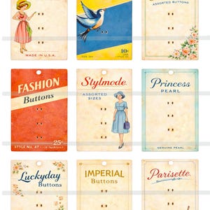 May include: A collection of vintage button cards with various designs and text. The cards feature illustrations of women, birds, and floral patterns. Text includes "Darling Buttons," "Bluebird Pearl," and "Golden Crest." The cards are in various colors.