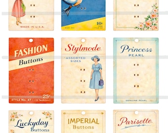 Vintage Button Cards Printable Bundle, 36 Blank Sewing Cards, 1930s 1940s Ephemera, Junk Journal Supplies, Instant Download PNG
