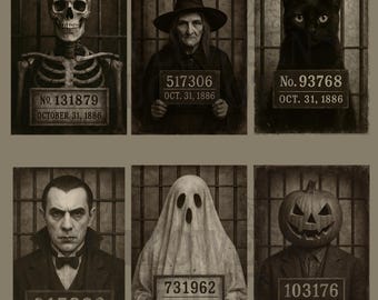 Spooky Vintage Halloween Mugshots Print Set - Instant Digital Download - Creepy Decor, Gothic Wall Art,  printable clip art