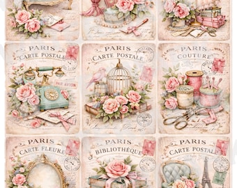 French Vintage ATC Ephemera Pack Paris Carte Postale 2.5x3.5 Printable Artist Trading Cards Junk Journal Ephemera