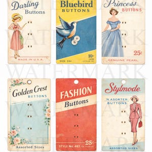 May include: A collection of vintage button cards with illustrations and text. The cards feature designs like a woman in a dress, a bluebird, and a woman in a suit. Text includes "Darling Buttons," "Bluebird Buttons," and "Princess Buttons."