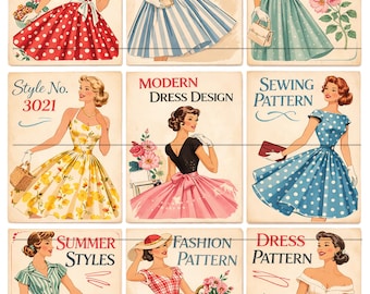 Vintage 1950s Fashion ATC Cards – Retro Sewing Pattern Ladies – Printable Artist Trading Cards – Junk Journal Ephemera – Digital Download