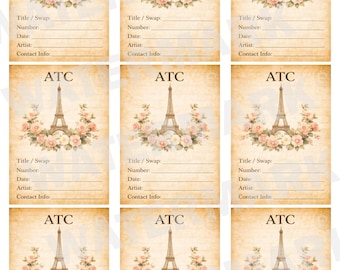 French ATC Back Printable Eiffel Tower Floral Artist Trading Card Back Vintage Paris Collage Digital Download