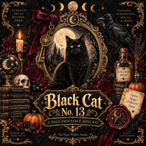 Puede incluir: Un kit mini imprimible de 2 páginas titulado Black Cat No. 13 que presenta un gato negro en un marco dorado, un cuervo, una calavera, una vela, libros etiquetados Potions, Spells, Curiosities, Enchantments, A Darker Tomorrow y un sello de cera.
