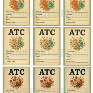Vintage Floral Artist Trading Card Backs | Set of 9 Printable Digital Collage Sheets | Junk Journal Ephemera | ATC Supply