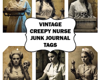 Vintage Creepy Nurse Junk Journal tags, printables, digital download, tag