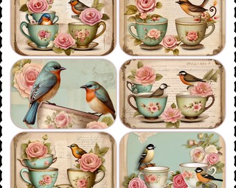 Beautiful Shabby chic teacup and birds, junk journal, clip art, download, printable