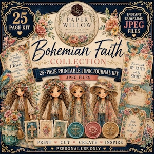 Pode incluir: Um kit de diário criativo imprimível de 25 páginas intitulado Bohemian Faith Collection com padrões florais, borboletas e ilustrações de quatro raparigas em trajes boémios. Inclui textos bíblicos, etiquetas decorativas e emblemas.