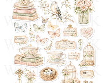 Vintage Cottagecore Fussy Cut Ephemera Kit Botanical Florals Birds Books Lace Junk Journal Printable
