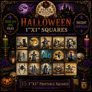 May include: A digital collection of 15 Halloween-themed 1 inch by 1 inch square images featuring illustrations of skulls, witches, black cats, spiders, and haunted houses, presented on a dark, ornate background with candles and pumpkins.