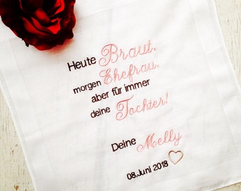 Bride mother Joy tears tissue embroidered