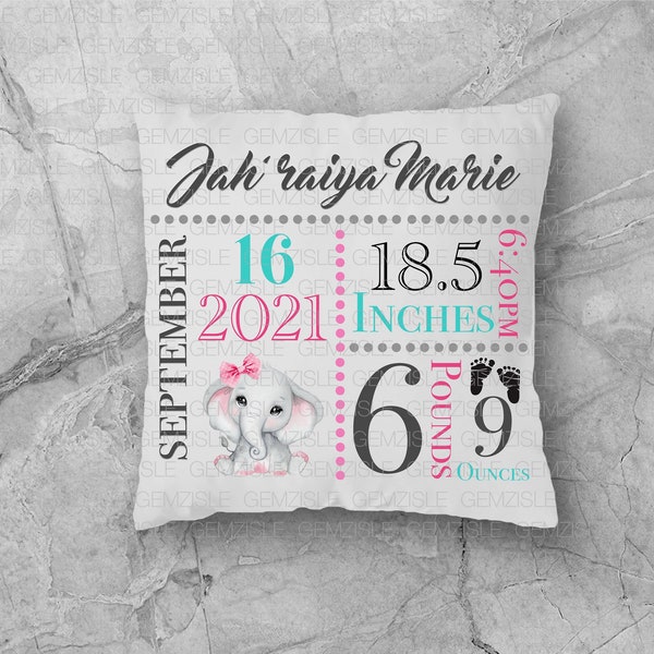 Baby Statistics Pillow Template Bundle - 4 Digital PNG files (Pink, Blue, Purple and Yellow elephant
