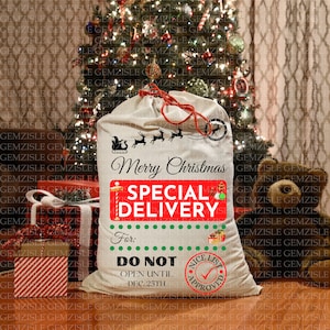 May include: A white Christmas sack with red trim and a red and green "Special Delivery" label. The sack has a red string and a red and white "Nice List Approved" tag. The sack is sitting in front of a Christmas tree and a brown teddy bear.