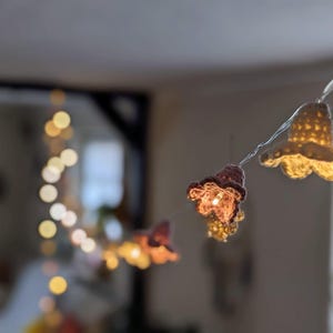 Puede incluir: Una cadena de luces con pantallas de flores de ganchillo en rosa y blanco. Las luces están enhebradas en un cable y están encendidas, proyectando un cálido resplandor.