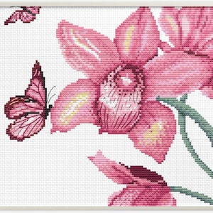 Flower Cross Stitch pattern - Floral ornament pdf - Pink orchid & butterfly pattern - Tropical Botany Plant pdf design - Mother's day gift