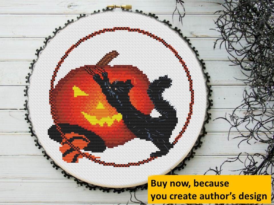 Halloween cross stitch pattern Black cat ornament Animal | Etsy