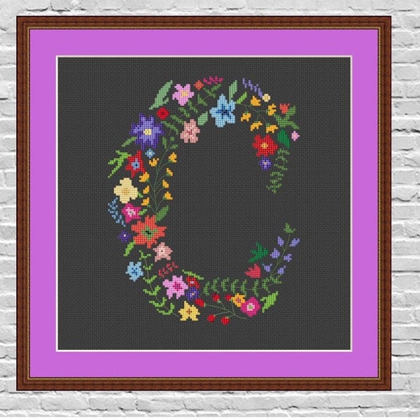 Floral letter cross stitch pattern pdf - Monogram C modern Stitch - Wedding cross stitch - embroidery needlepoint -  Font pattern - Handmade