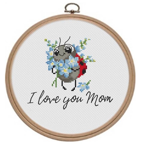 Mother's day cross stitch pattern, Mother's day card pdf, Ladybird cross stitch, Small flowers chart, Mother's day saying blackstitch