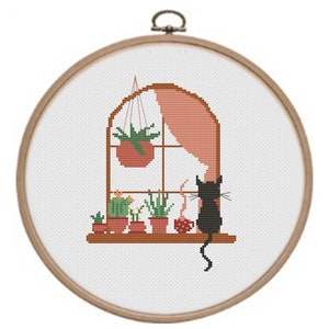 Plant cross stitch pattern - Cactus boho- Small cross stitch - Black cat view from window cross stitch pattern, modern potted flowers cactus