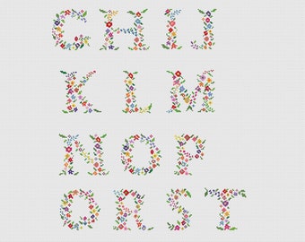 Alphabet cross stitch pdf - Floral font pattern - Floral letters - Flower initials - Modern monogram - Wedding counted cross stitch - Name