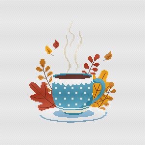 Tea cup Cross Stitch pattern - Fall ornament - Coffe cup pattern - Botany leaves - Plant small pdf - For grandma cross stitch - Thanksgiving