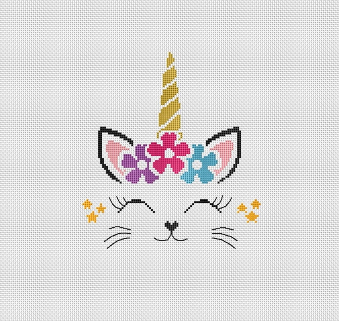 Cute Easy Unicorn Cat Cross Stitch Pattern Unicorn Eyelashes Etsy